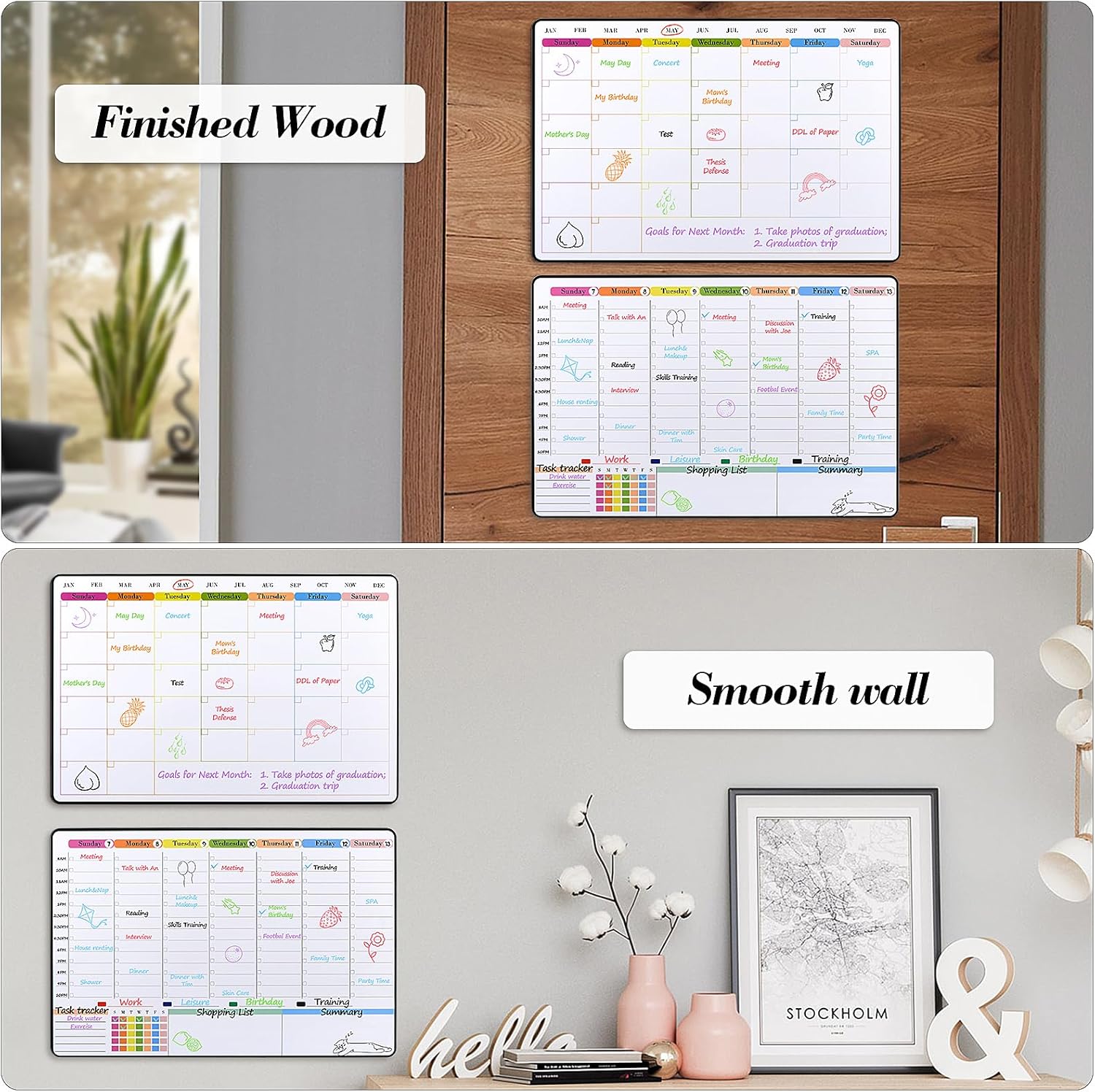 POPRUN Dry Erase Calendar weekly and monthly self adhesive stick on non-magnetic stainless fridge & Glass & Wall & wooden (any smooth surface)