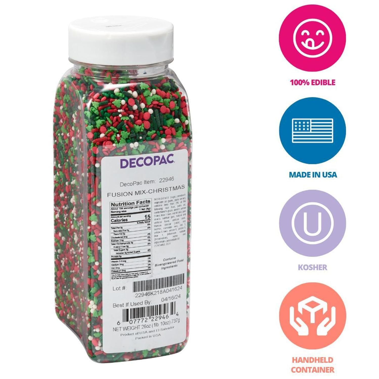DECOPAC Christmas Fusion Mix – Gránulos de caramelo de 26 onzas, gránulos elegantes en recipiente de mano, gránulos comestibles festivos para