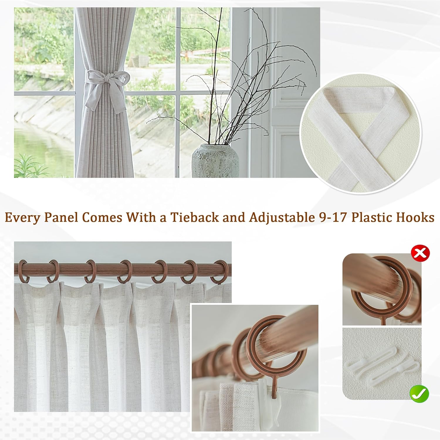HUTO Cortinas plisadas de lino traslúcidas de 90 pulgadas de largo para sala de estar, color beige y blanco, cortinas plisadas para privacidad con