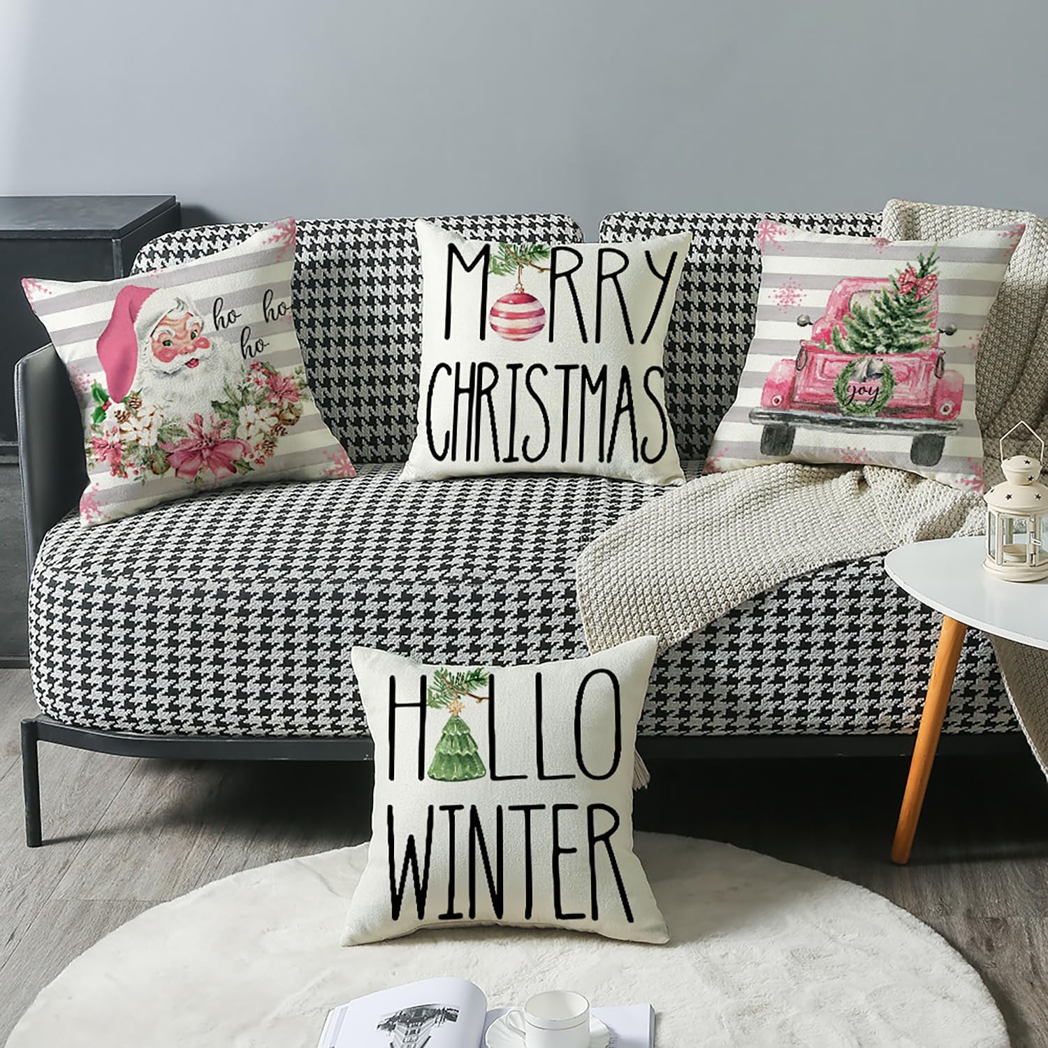 HOOLRO 4 fundas de almohada familiares de Navidad de 18 x 18 pulgadas, fundas de almohada de Navidad rosa con texto en inglés “Merry Winter”, fundas