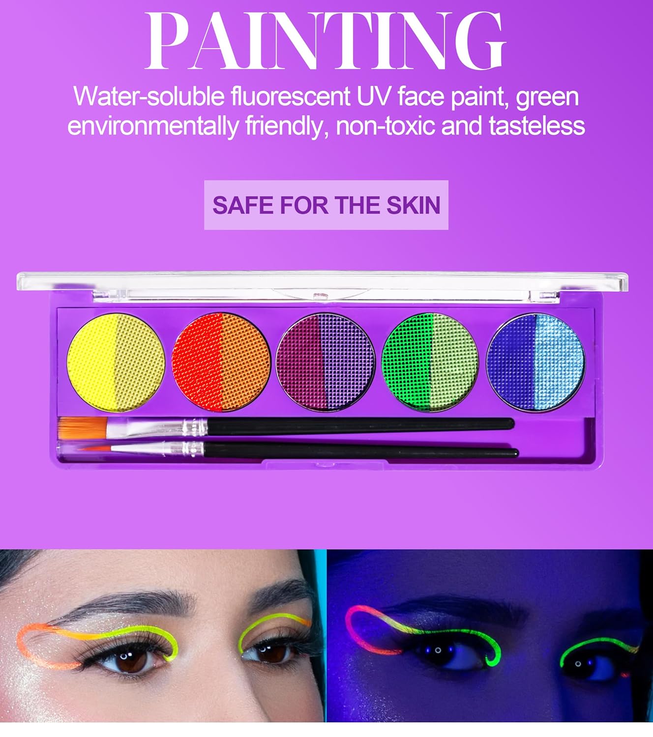 Paleta de sombra de ojos de agua UV de 10 colores, maquillaje de Halloween, altamente pigmentado, brillante, vibrante, fluorescente, arco iris,