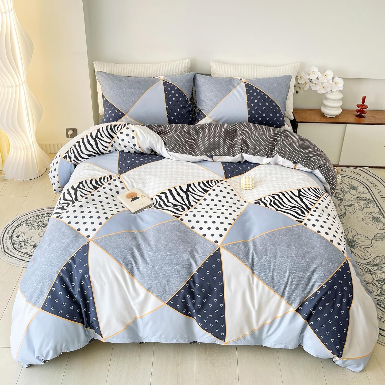 LAMEJOR Juego de funda de edredón tamaño Queen con patrón geométrico de retazos reversible, juego de ropa de cama suave de lujo para hotel (1 funda