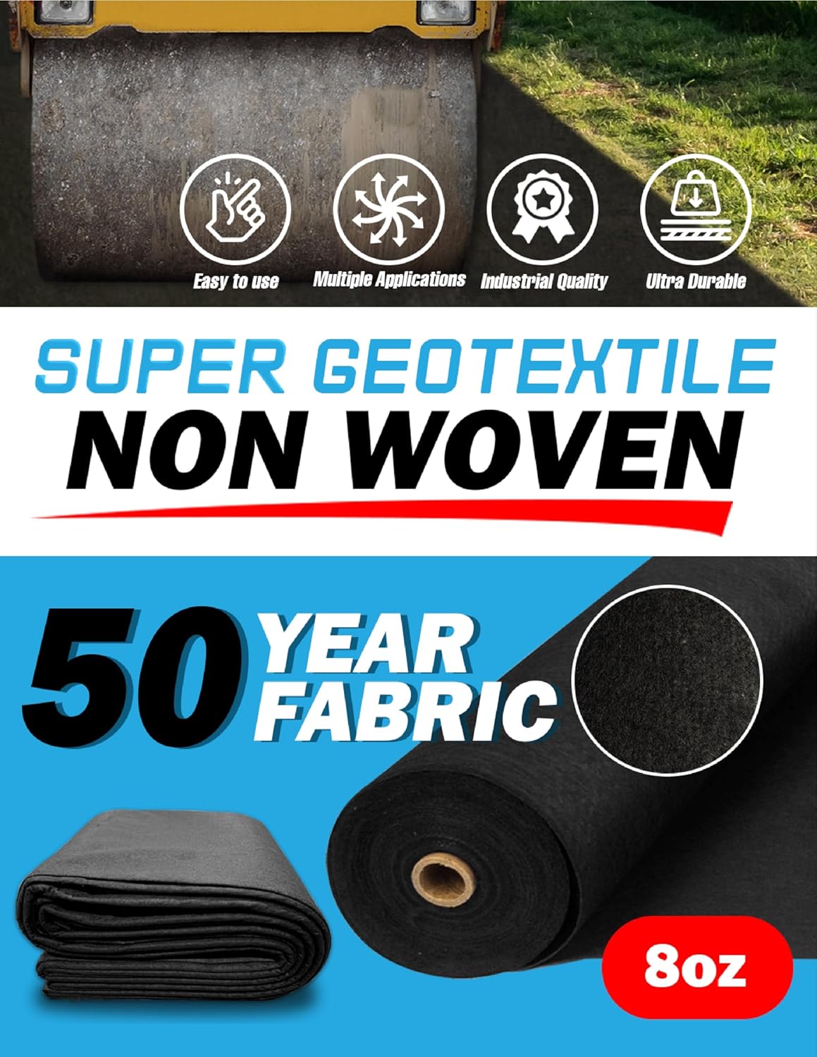 Super Geotextile – Tela no tejida de 4, 6 y 8 onzas para paisajismo, drenajes franceses, preparación de suelos, control de erosión, proyectos de
