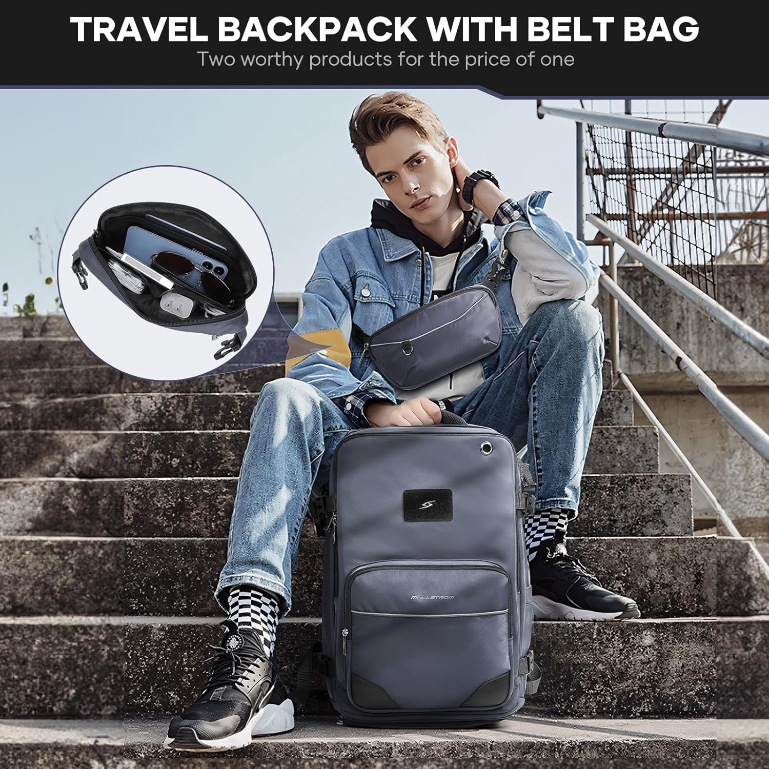 Maelstrom Mochila de viaje para hombres y mujeres, mochila de mano de 35 litros para viajar en avión, con bolsa de cinturón de moda, mochila casual
