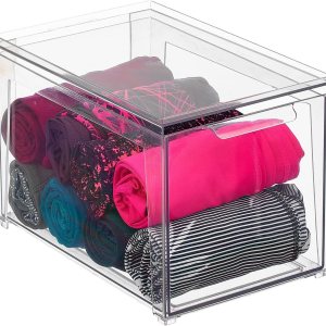 mDesign Contenedores organizadores de almacenamiento apilables de plástico con cajón extraíble para armario, escritorio, estante, armario u mDesign Contenedores organizadores de almacenamiento apilables de plástico con cajón extraíble para armario, escritorio, estante, armario u