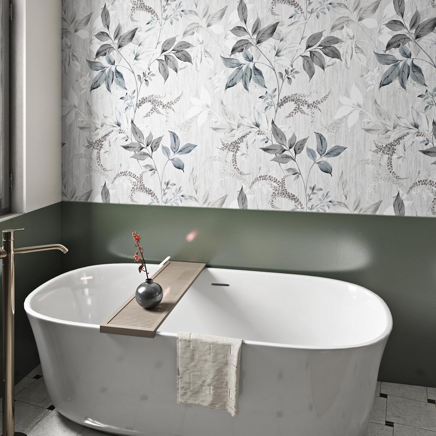 Papel tapiz de hojas grises y blancas, papel tapiz de hojas botánicas para despegar y pegar, impermeable, decoración de granja para estantes, sala