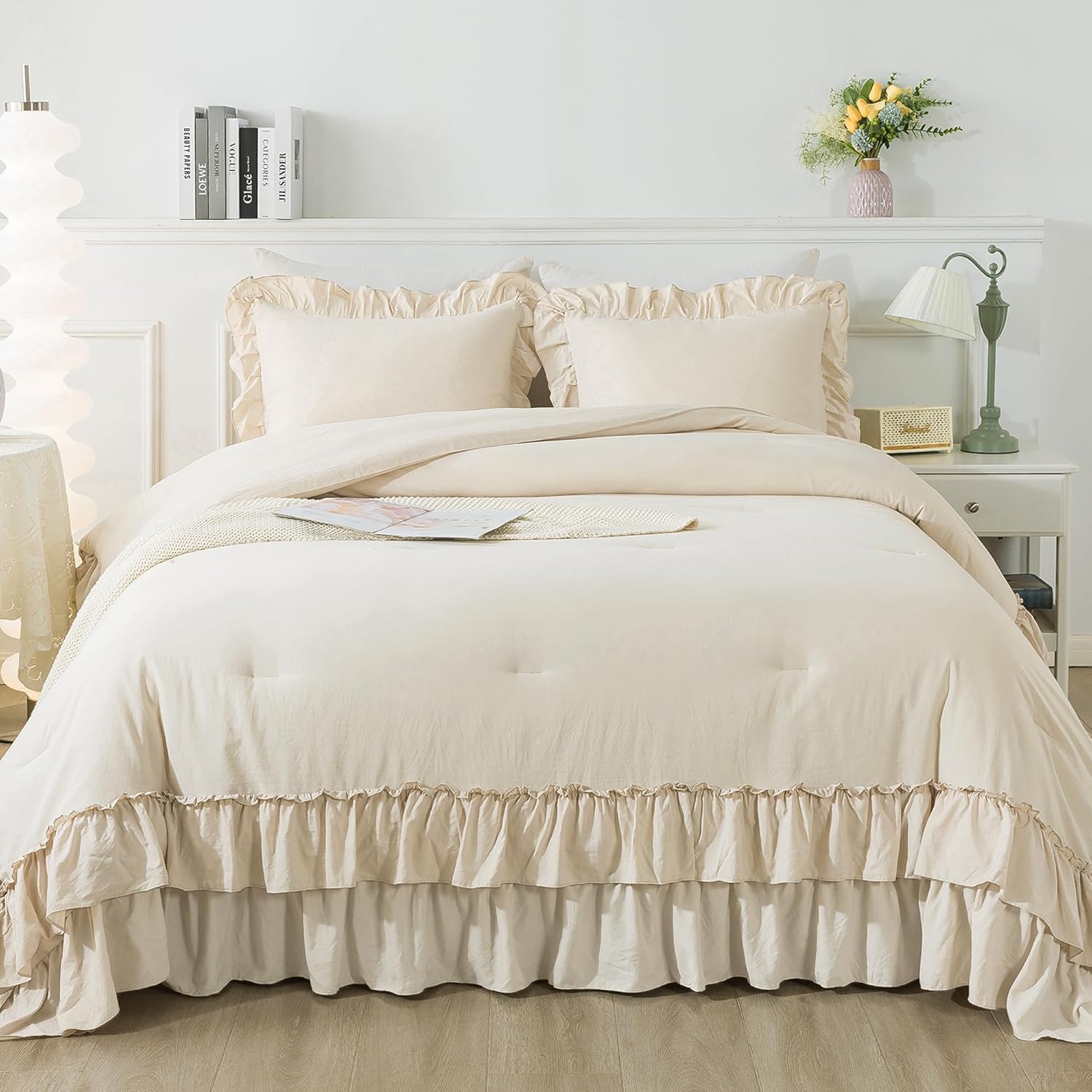 Andency Juego de edredón beige tamaño Queen, juego de edredón suave y ligero con volantes lisos, 3 piezas, para todas las estaciones, estilo rural,