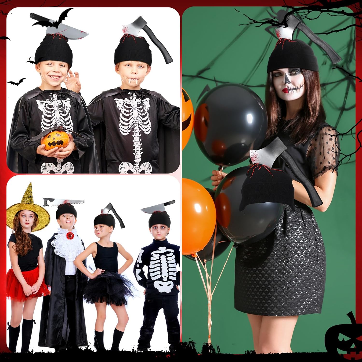 Suhine 3 piezas de sombrero de cuchillo aterrador de zombi de Halloween, accesorios de disfraz de zombi, sombrero de terror con hacha de cuchillo