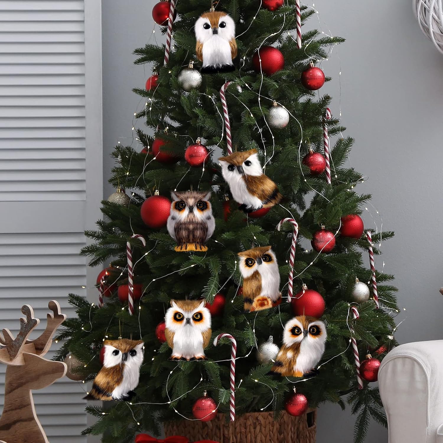 Sratte Adorno navideño de búho peludo, bonito búho colgante para árbol de Navidad, fiesta de carnaval (12 unidades, estilo marrón)