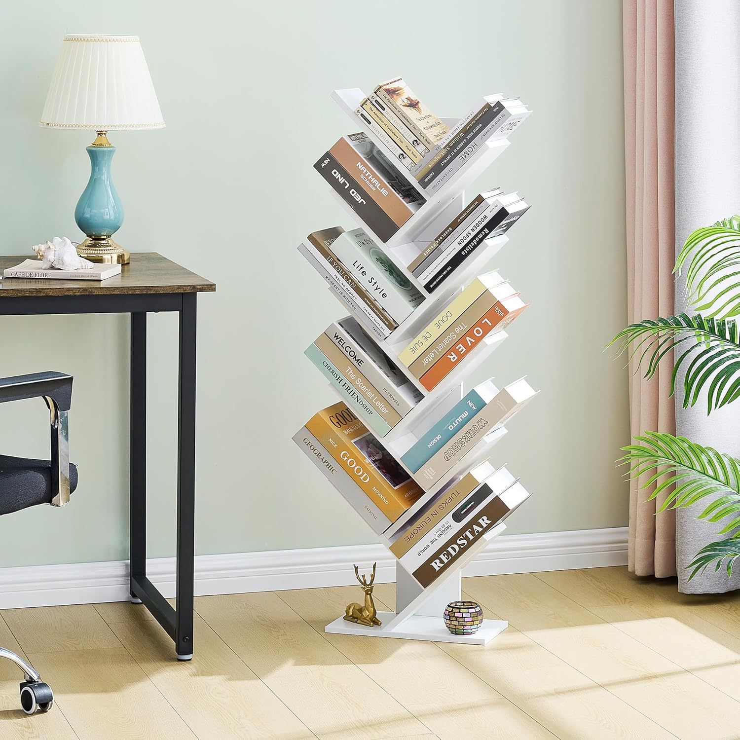 Hoctieon Estantería de árbol de 10 niveles, estantería de 10 estantes, estantería de árbol de pie independiente, estante de pie para libros,