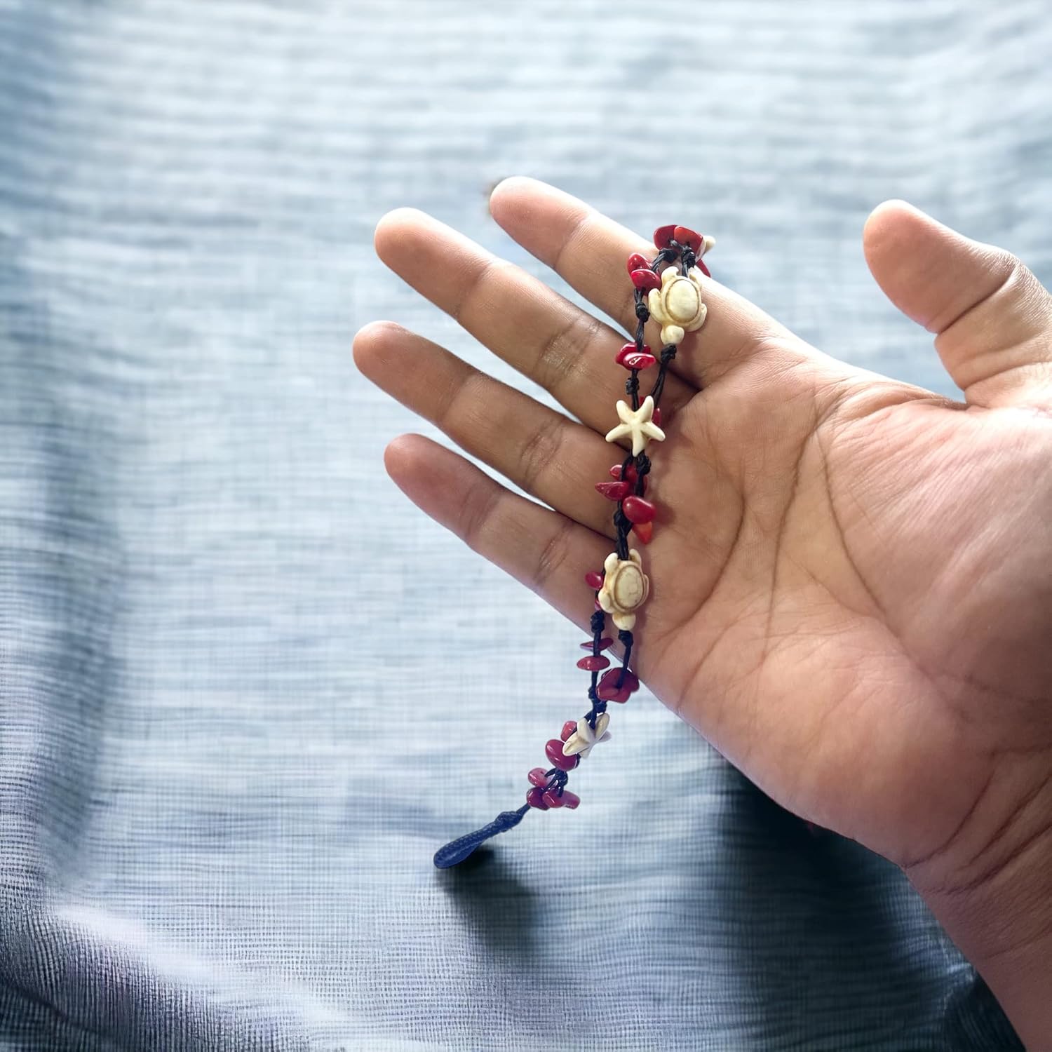 Anklet Stone Handmade Braided Rope Ankle Natural stone Turtle Starfish dolphin for Women Girls (Red Agate turtle starfish)