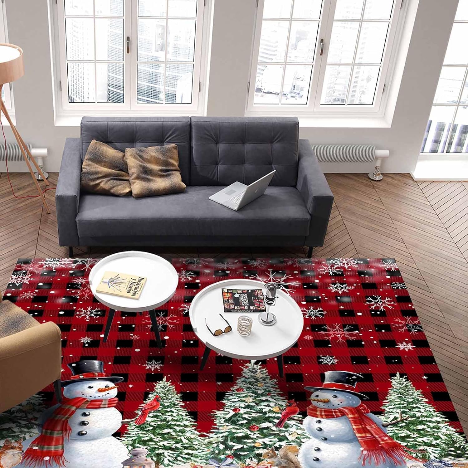 Alfombra de área de muñeco de nieve de Navidad, árbol de Navidad, copos de nieve, rojo y negro, a cuadros, antideslizante, lavable, alfombra para
