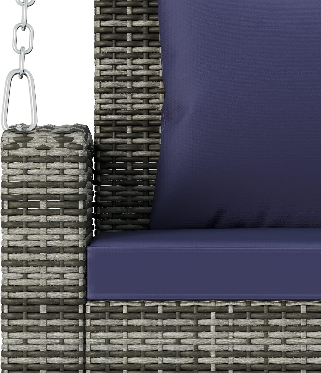 Columpios de mimbre para porche para 2 personas, columpio colgante para porche con cadenas, cojín azul y almohada, columpio de banco al aire libre