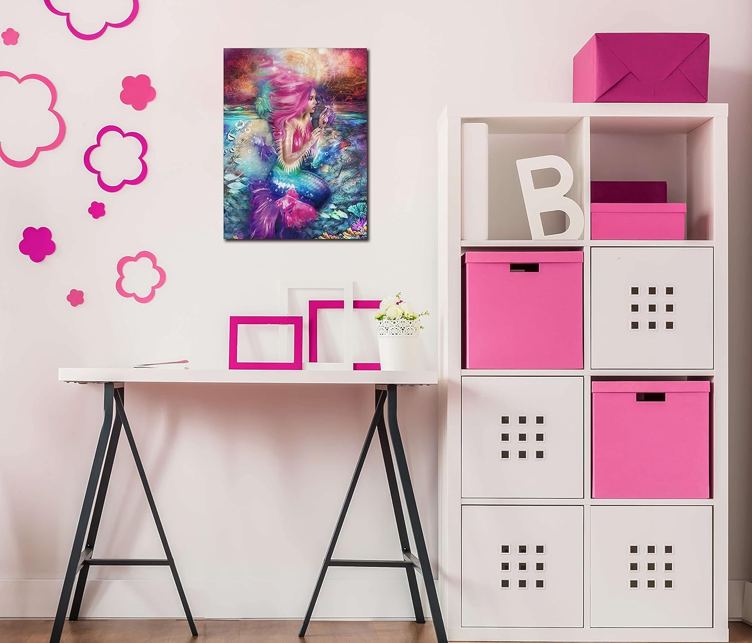 Xxliren Lienzo decorativo para pared de baño con imágenes de sirena, decoración de habitación de sirena rosa para dormitorio de niñas, tamaño de