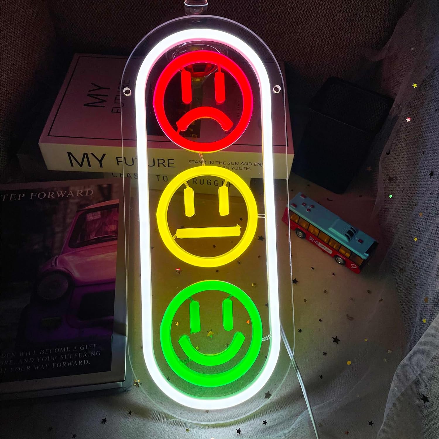 Letrero de neón con cara sonriente para decoración de pared, letrero LED de semáforo, letreros de luces de neón regulables para habitación de niños,