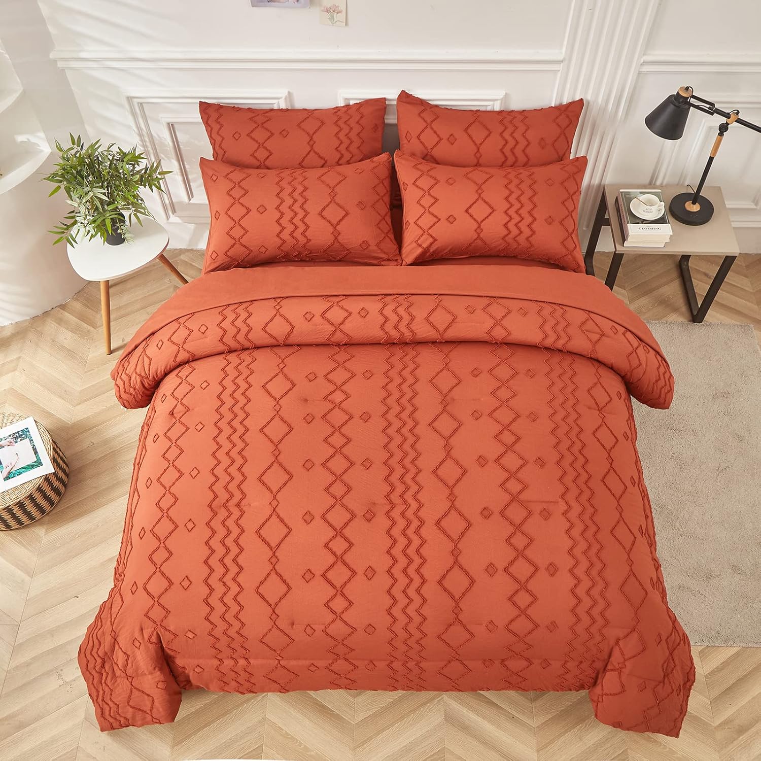 WONGS BEDDING Juego de edredón color naranja quemado, tamaño Queen, 7 piezas de cama copetuda terracota en una bolsa, edredón bohemio chic