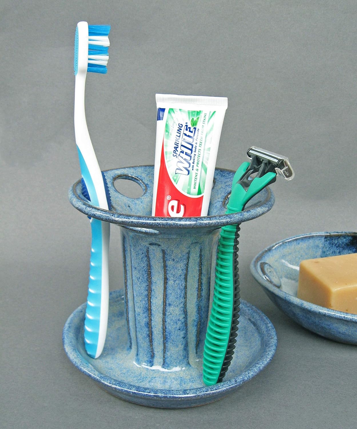 Toothbrush and Toothpaste Holder for Bathroom Sink Large Capacity 6 Wide Holes Slots in Denim Blue