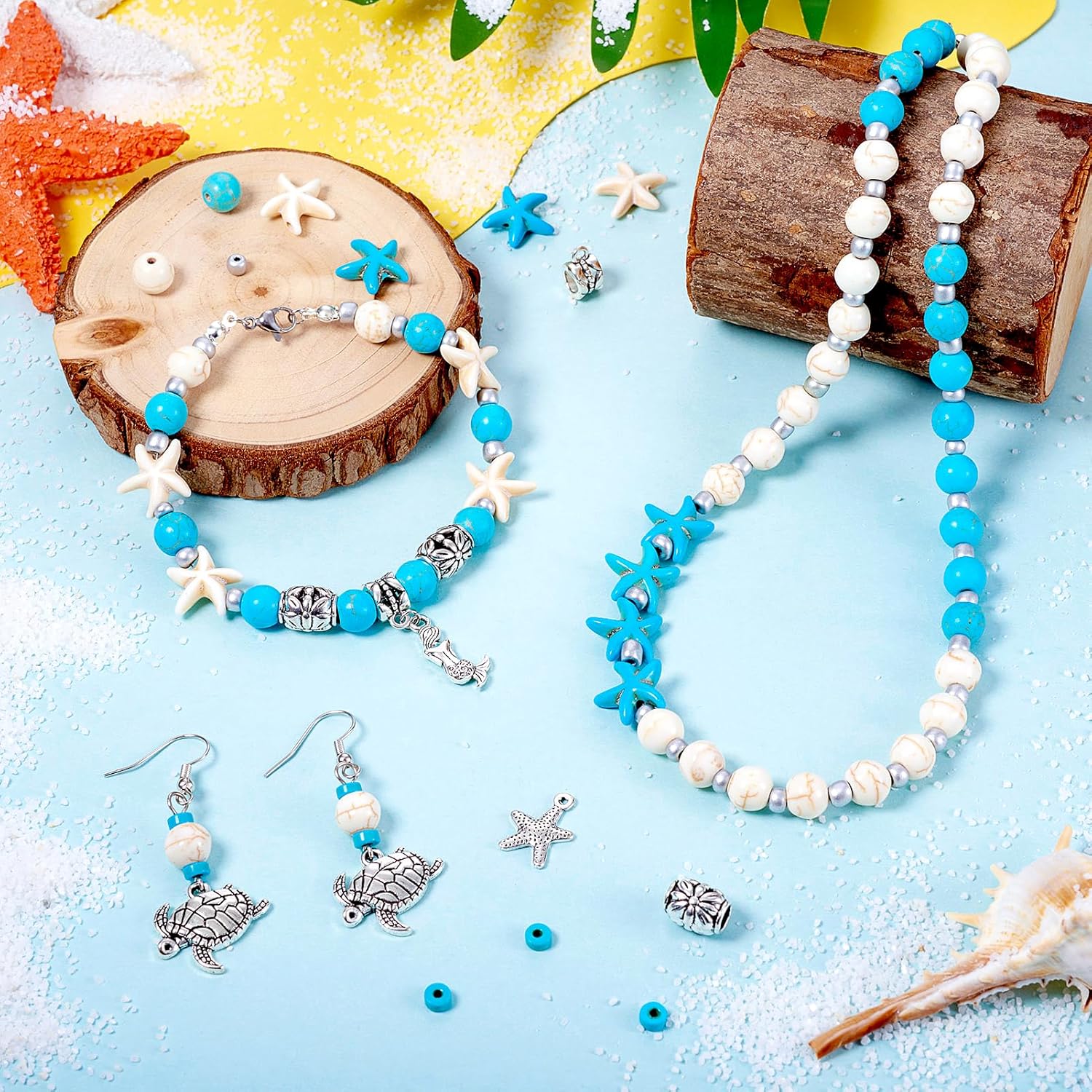 Beadthoven – Juego de 160 piezas de joyería con tema oceánico con cuentas de turquesa, estrella de mar, tortuga, delfín, sirena, colgantes,