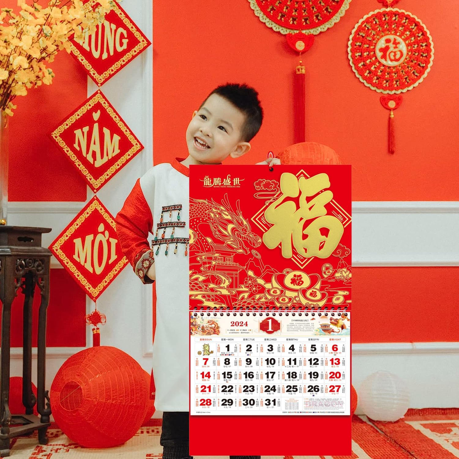 Calendario colgante chino 2024, calendario de pared del año del dragón, calendario lunar chino 2024 mensual para decoración de año nuevo chino,