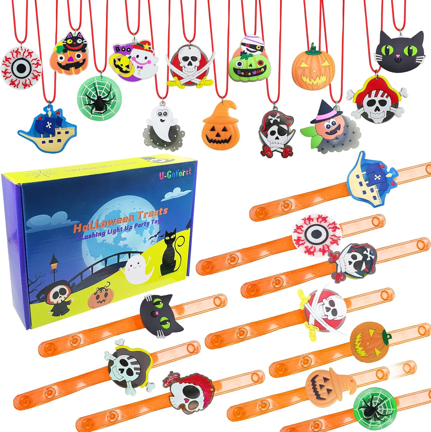 Luces de Halloween – 24 pulseras de collar LED de Halloween, calabaza, fantasma, pirata, araña, globo ocular, recuerdo de fiesta de Halloween,