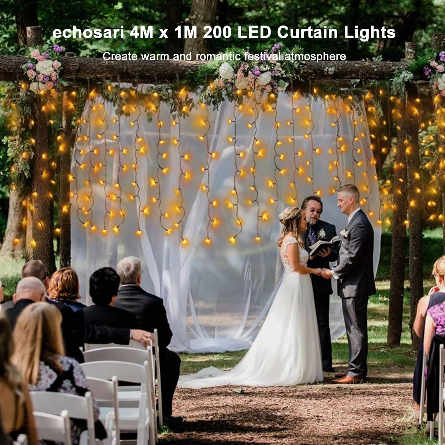 echosari 200 luces LED de cortina alimentadas por pilas, 13 x 3.3 pies, 8 modos de luces colgantes para ventana, para exteriores, dormitorio,