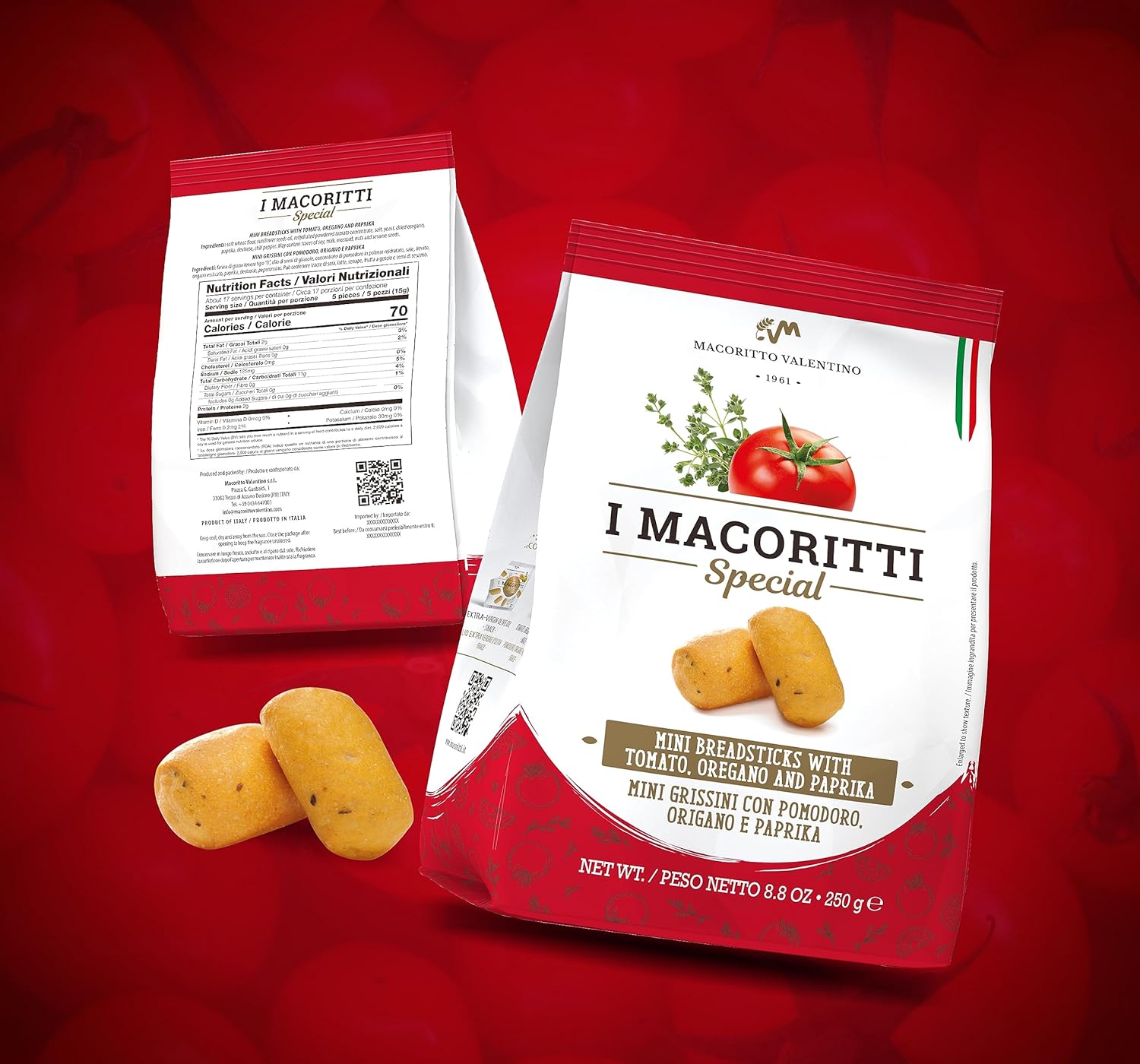 I Macoritti Mini palitos de pan crujientes, auténticos palitos de pan italiano Grissini, sabor a tomate, orégano y pimentón, 8.82 onzas