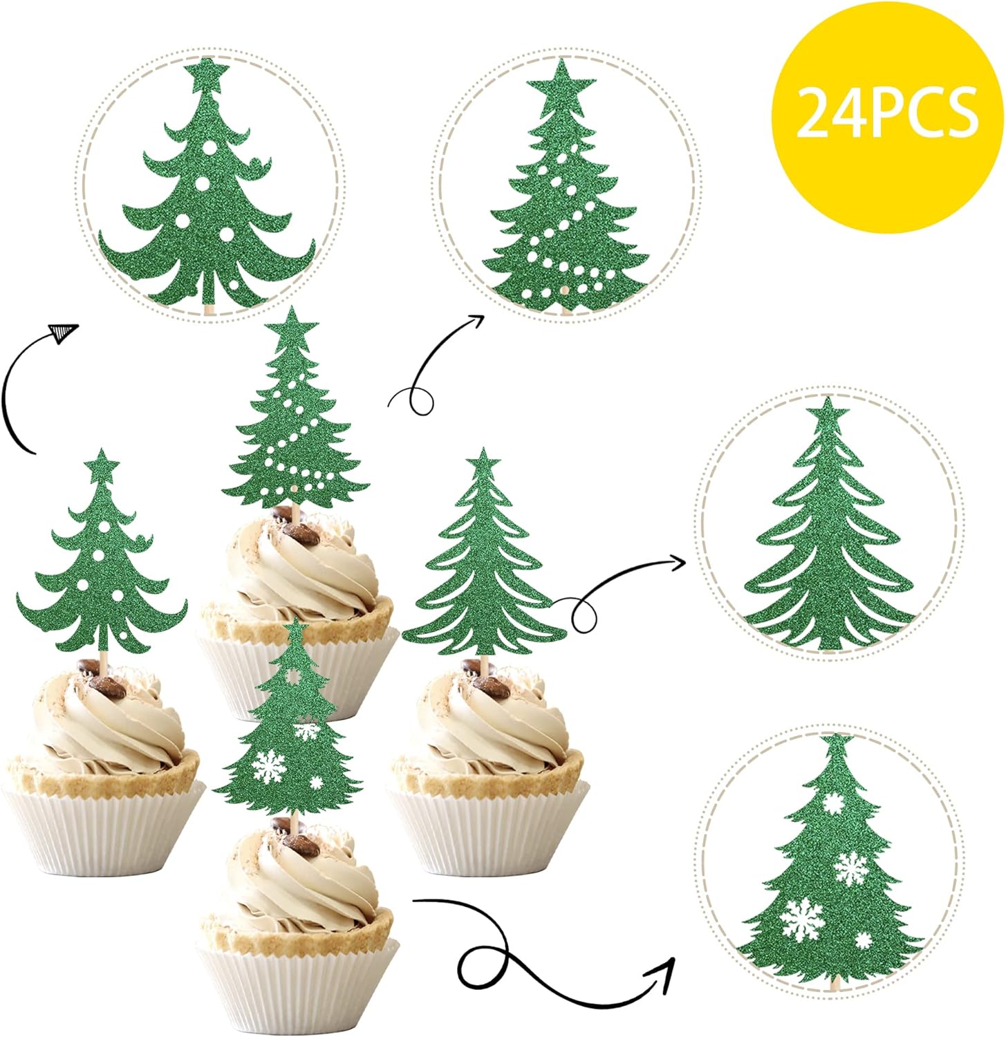 24 piezas de adornos para cupcakes para árbol de Navidad con estrella verde purpurina para árbol de Navidad para temática de Feliz Navidad, Año