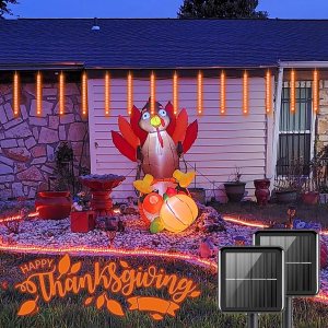 YEGUO Paquete de 2 luces naranjas de Acción de Gracias al aire libre, luces solares de lluvia de meteoritos impermeables, 16 tubos 288 luces LED de YEGUO Paquete de 2 luces naranjas de Acción de Gracias al aire libre, luces solares de lluvia de meteoritos impermeables, 16 tubos 288 luces LED de