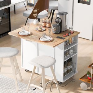KELRIA Isla de cocina con hojas caídas y toma de corriente, carrito móvil con estante de vino de almacenamiento abierto, ruedas universales con KELRIA Isla de cocina con hojas caídas y toma de corriente, carrito móvil con estante de vino de almacenamiento abierto, ruedas universales con