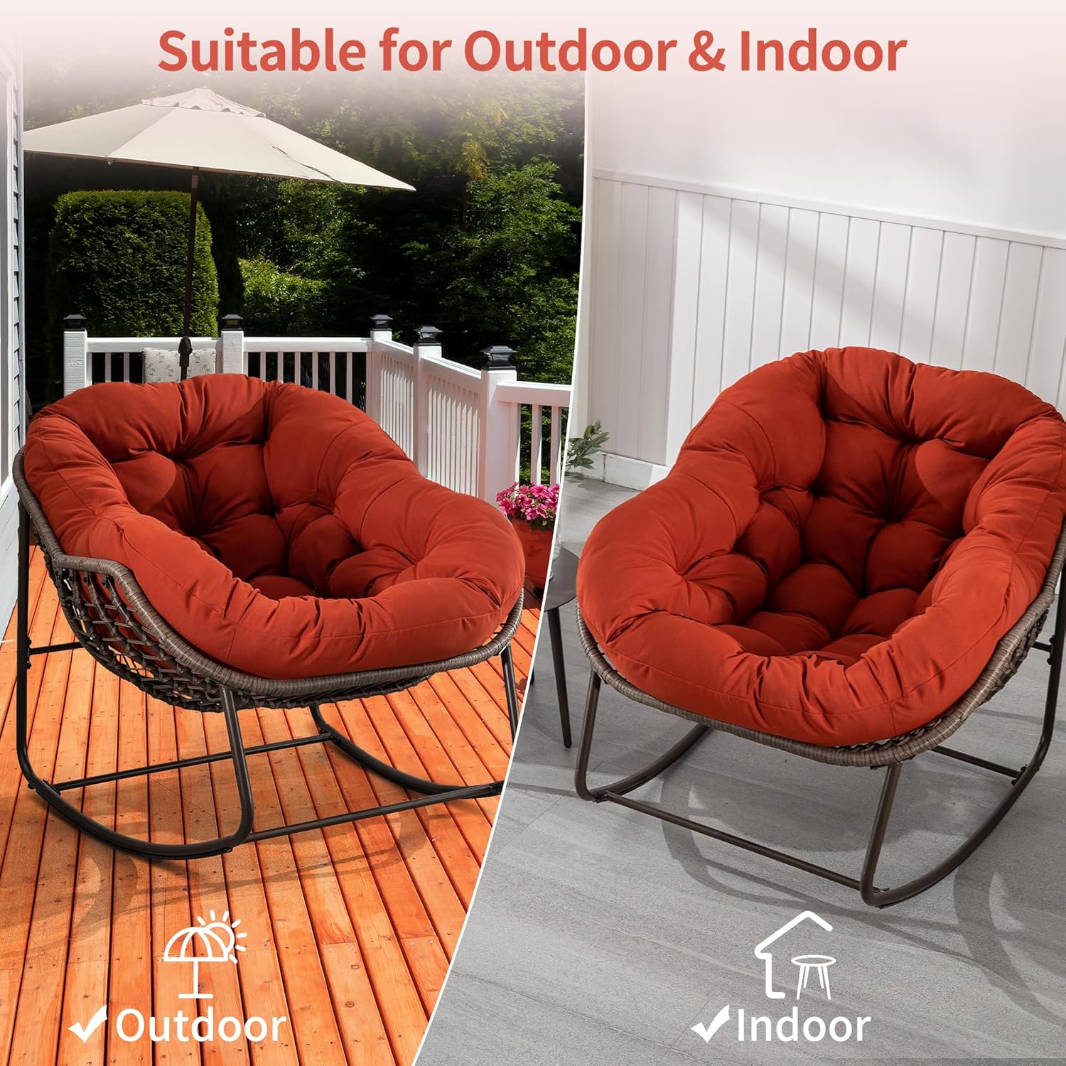 HOMEFUN Juego de 2 mecedoras para patio al aire libre, mecedora Papasan de gran tamaño con cojín acolchado, silla mecedora para porche delantero,