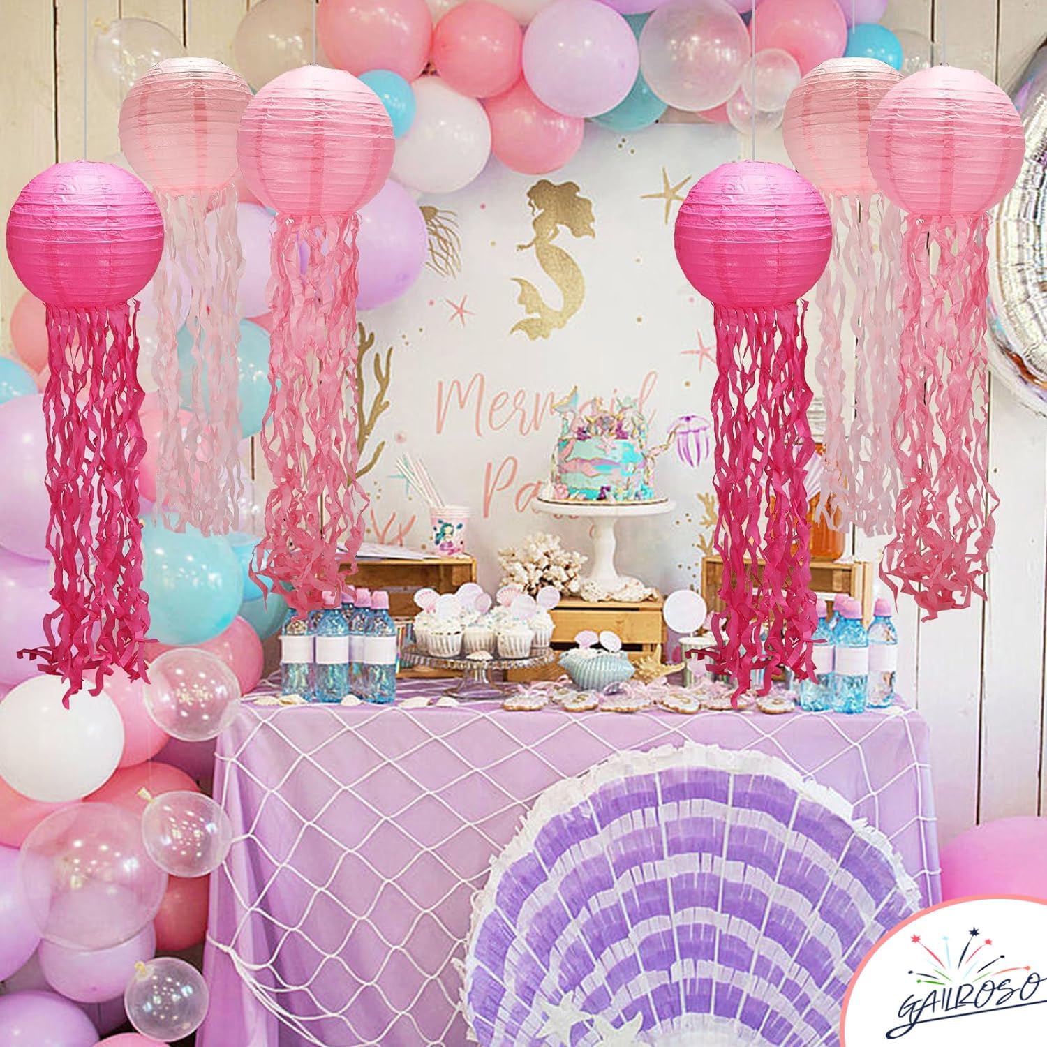 Decoraciones de cumpleaños de sirena, decoración de medusas, paquete de 6, faroles de medusas rosas con cuerda y gancho, medusas colgantes para