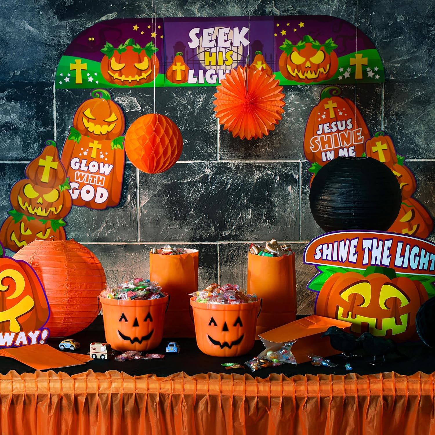 Juego de 29 piezas de decoración de maletero o regalo de Halloween con temática religiosa para auto, borde cristiano, cubeta de calabaza, bolsa de