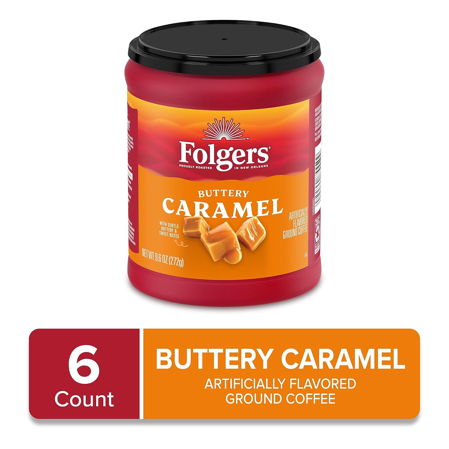 Folgers Café molido con sabor a caramelo mantequilla, recipiente de 9.6 onzas (paquete de 6)