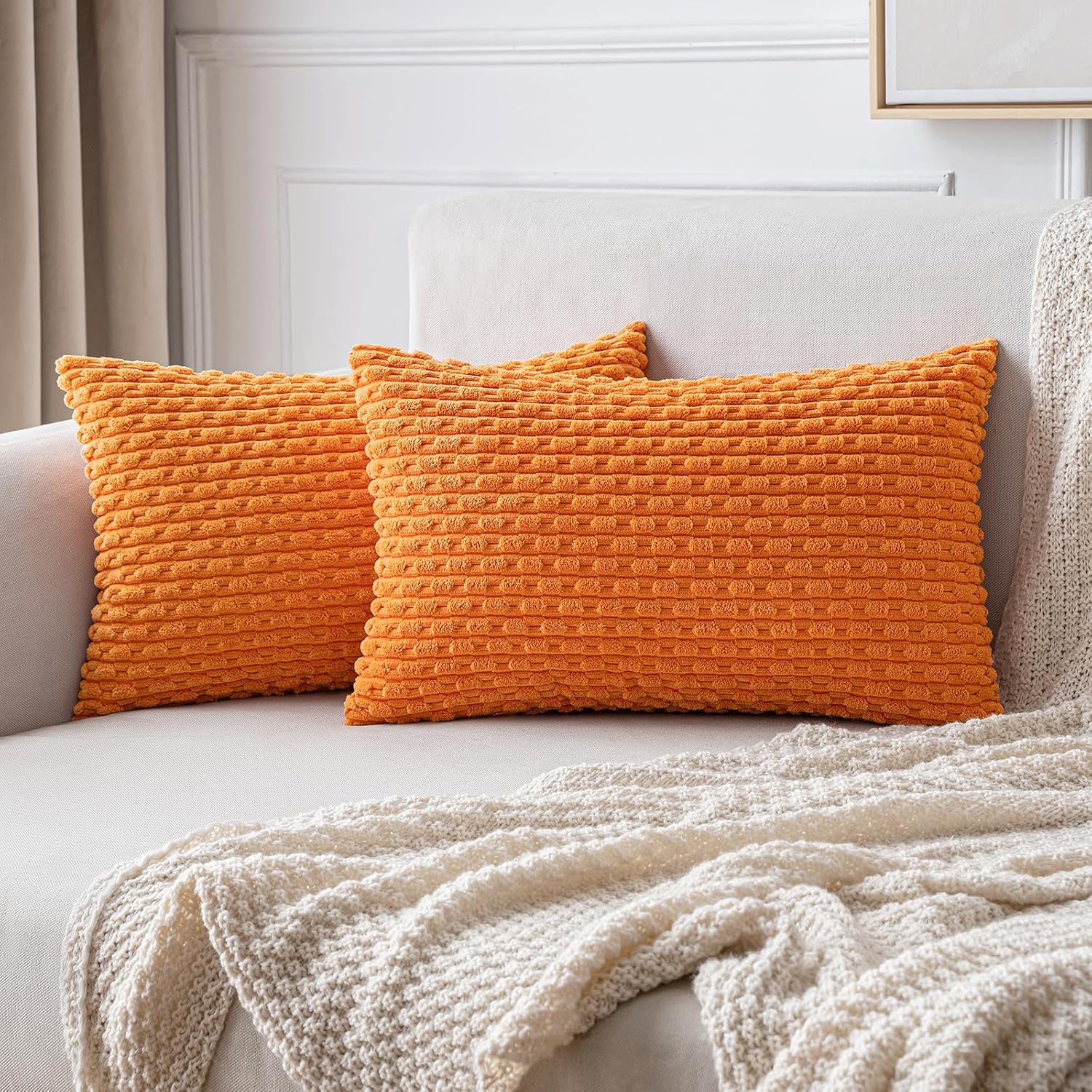 MIULEE Juego de 2 fundas de almohada de pana suave color naranja, fundas de almohada a rayas bohemias para decoración del hogar rural para sofá,