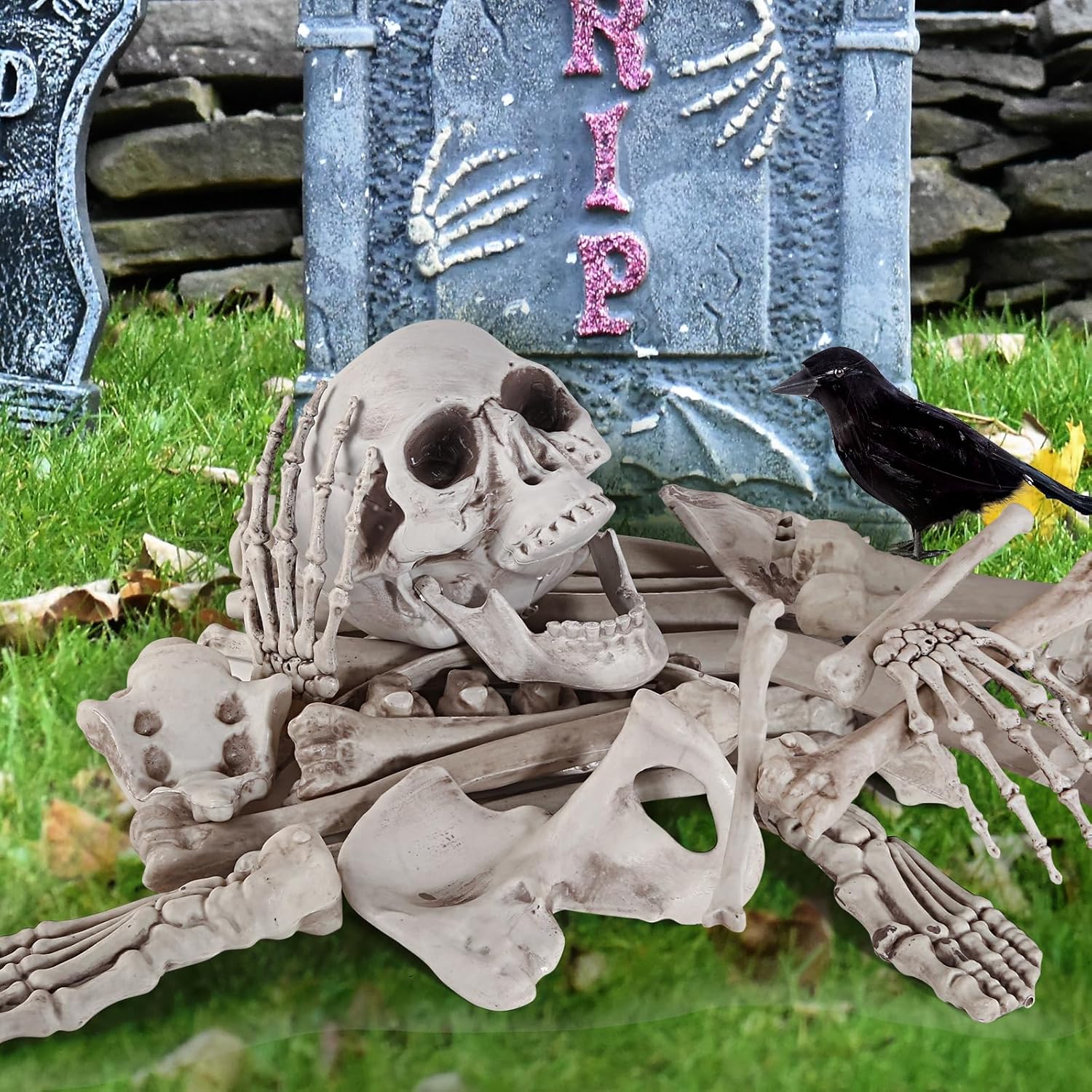 Decoraciones de Halloween 28 piezas de huesos de esqueleto y calavera con cuervo para decoración al aire libre, aterradores rompedores para