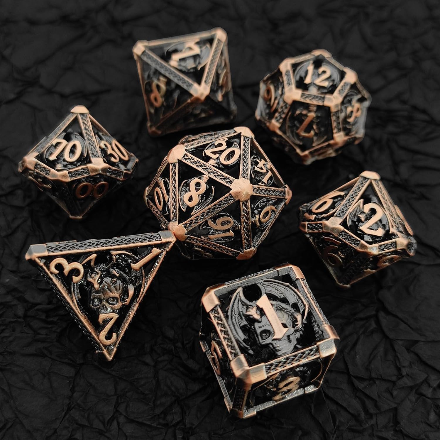 AHDKEJG DND – Juego de dados D&D, 7 piezas de metal hueco de mazmorras y dragones poliedro con bolsa de dados de regalo, RPG, MTG, juego de rol,