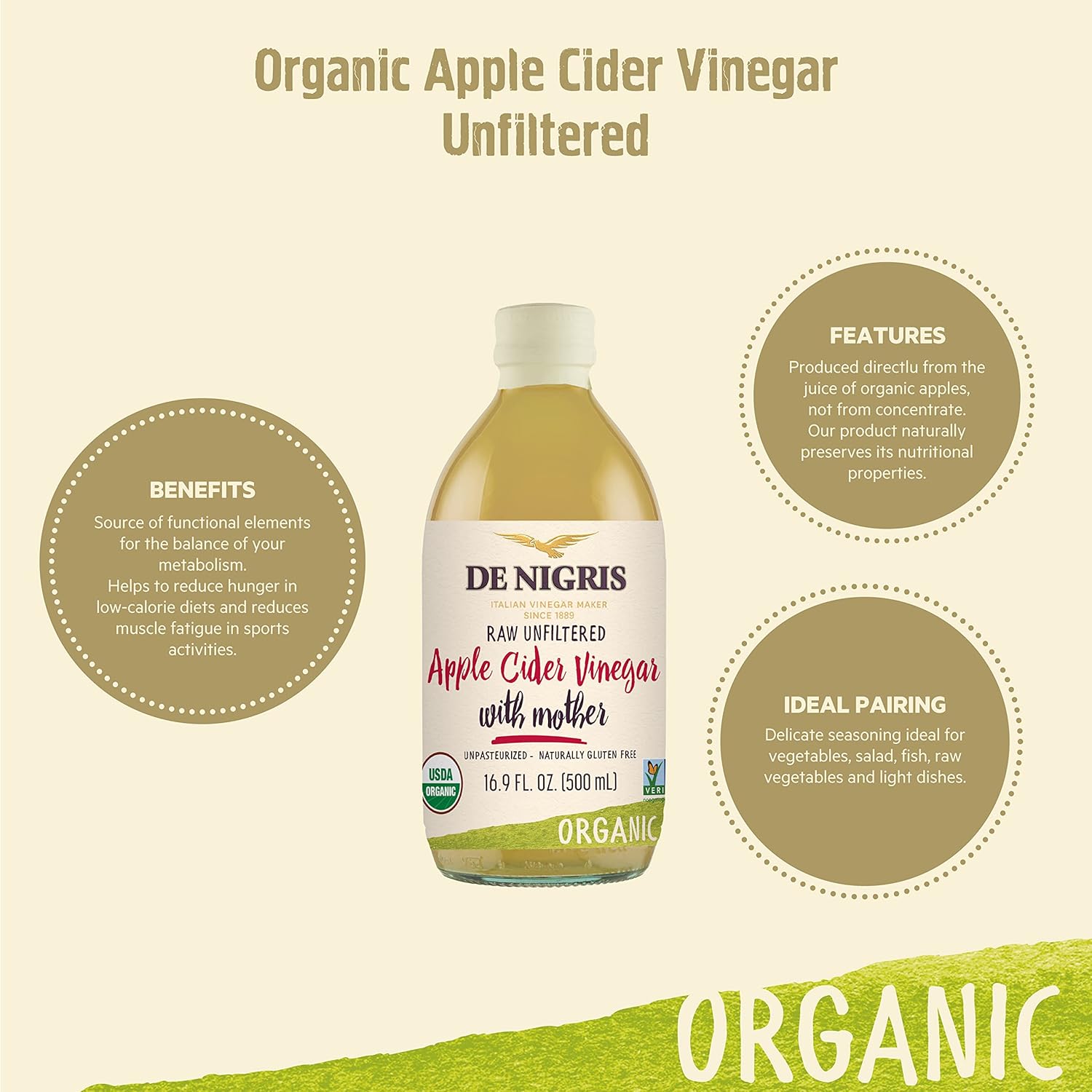 De Nigris Vinagre de sidra de manzana orgánico con miel y cúrcuma, crudo y sin filtrar 16,9 onzas (paquete de 2)  Vinagre de sidra de manzana con
