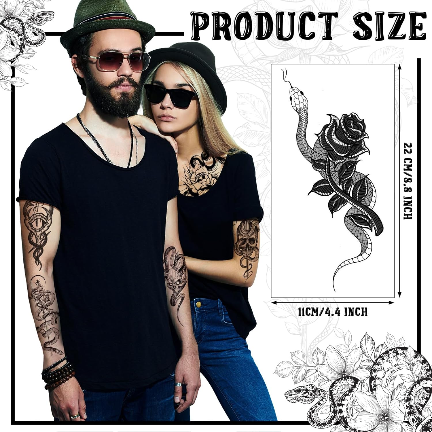 Demissle 50 hojas de tatuajes temporales realistas de serpiente negra en 3D, espadas florales, tatuajes de serpientes falsas, tatuajes de serpiente
