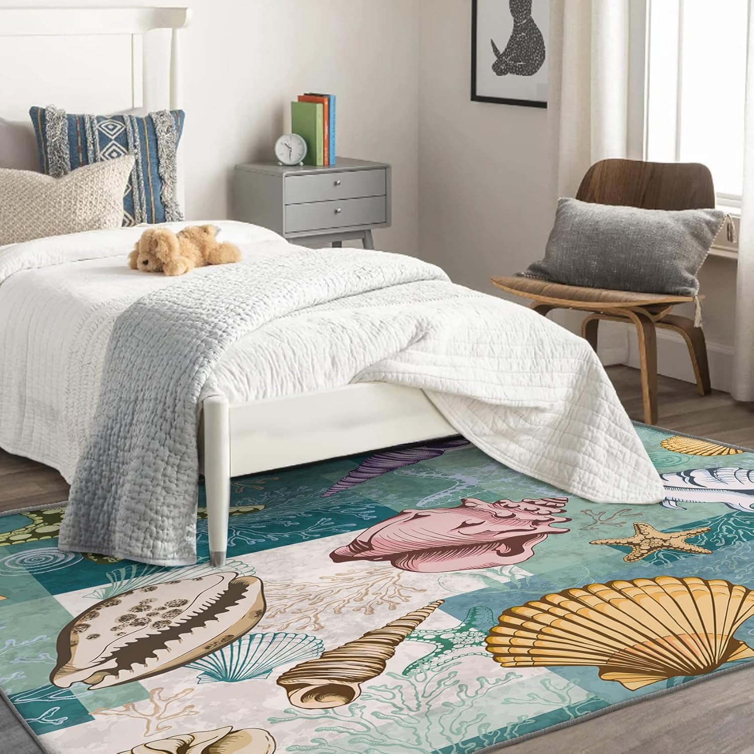 Alfombras lavables para entrada, sala de estar, dormitorio, alfombra temática de playa y decoración del hogar, alfombra de área de conchas marinas