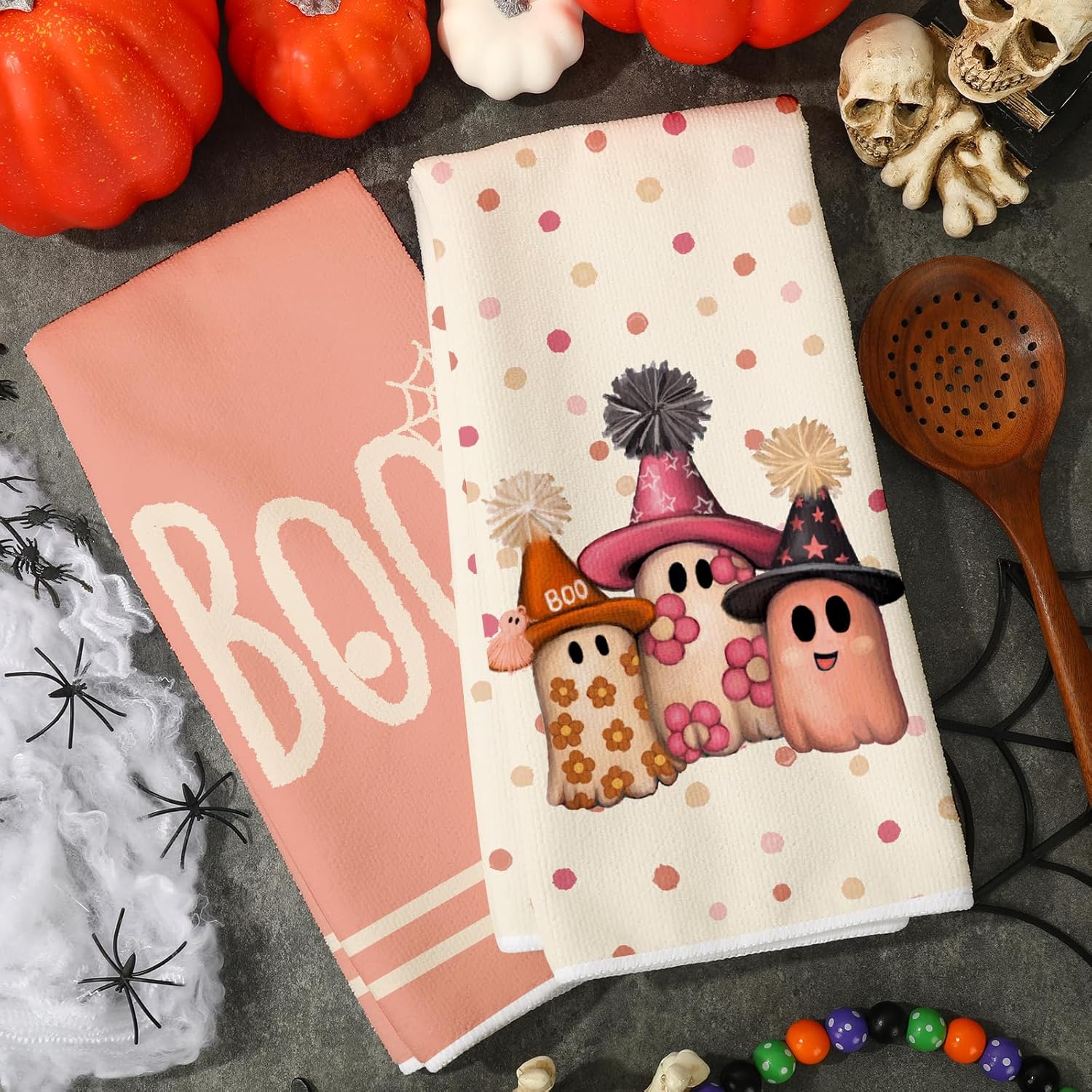 AnyDesign Toalla de cocina de Halloween Boo, paño de cocina rosa, lindo fantasma, toalla de té decorativa de secado a mano para Halloween,