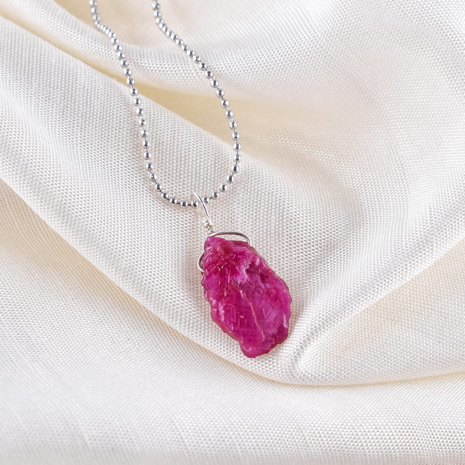 ZEMBIENCE Natural Raw Pink Ruby Gemstone Pendant Necklace, Rough Stones, Chakra Healing Crystals, Silver Plated, July Birthstone, Handmade, Wedding,