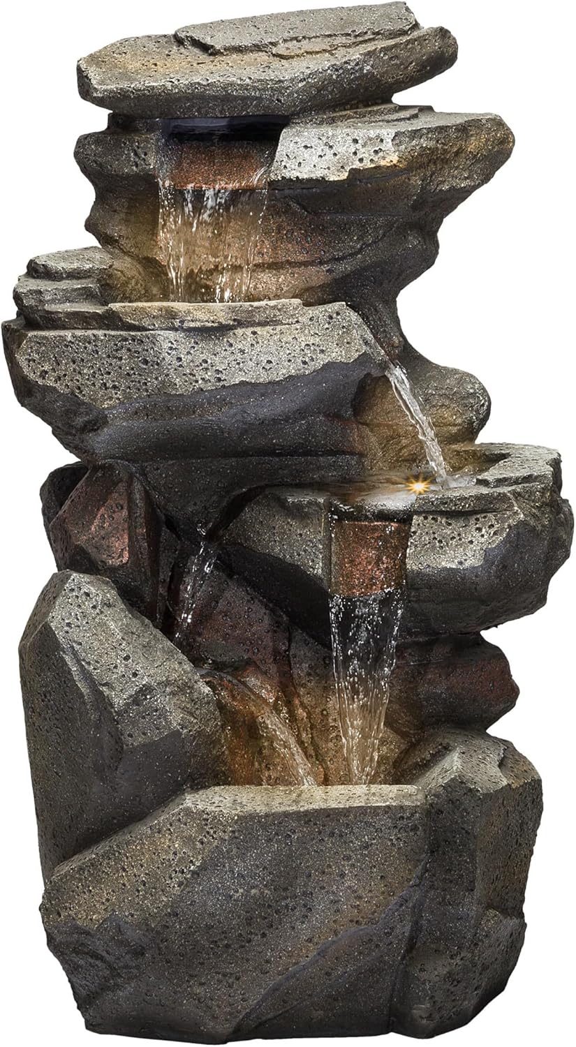Alpine Corporation WIN1184 Fuente de cascada de roca de 5 niveles con luces LED con aspecto de piedra natural, 40 pulgadas, gris