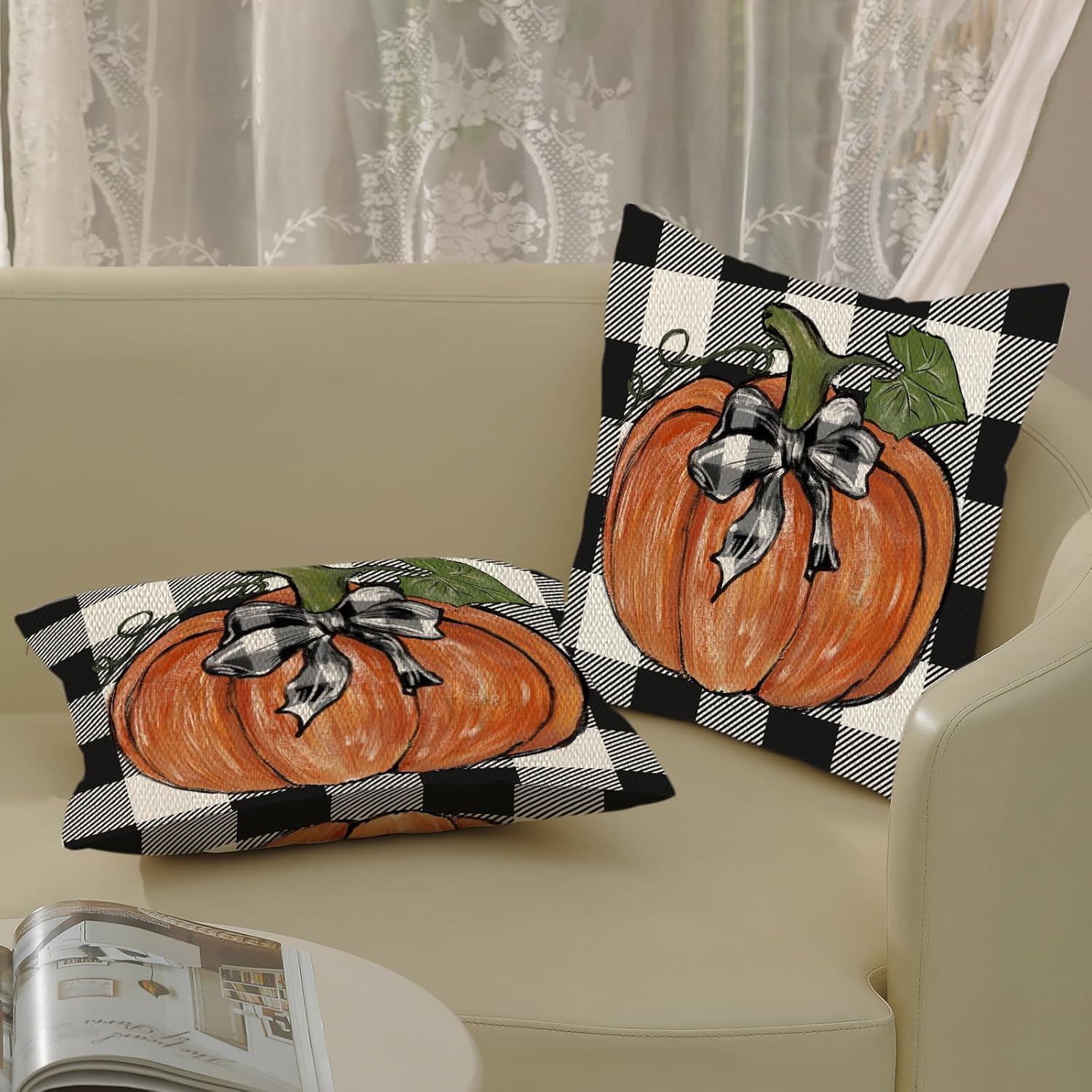 Juego de 2 fundas de almohada de otoño de 16 x 16 pulgadas, hojas de arce de calabaza y búfalo a cuadros, decoración de otoño, de lino, para Acción