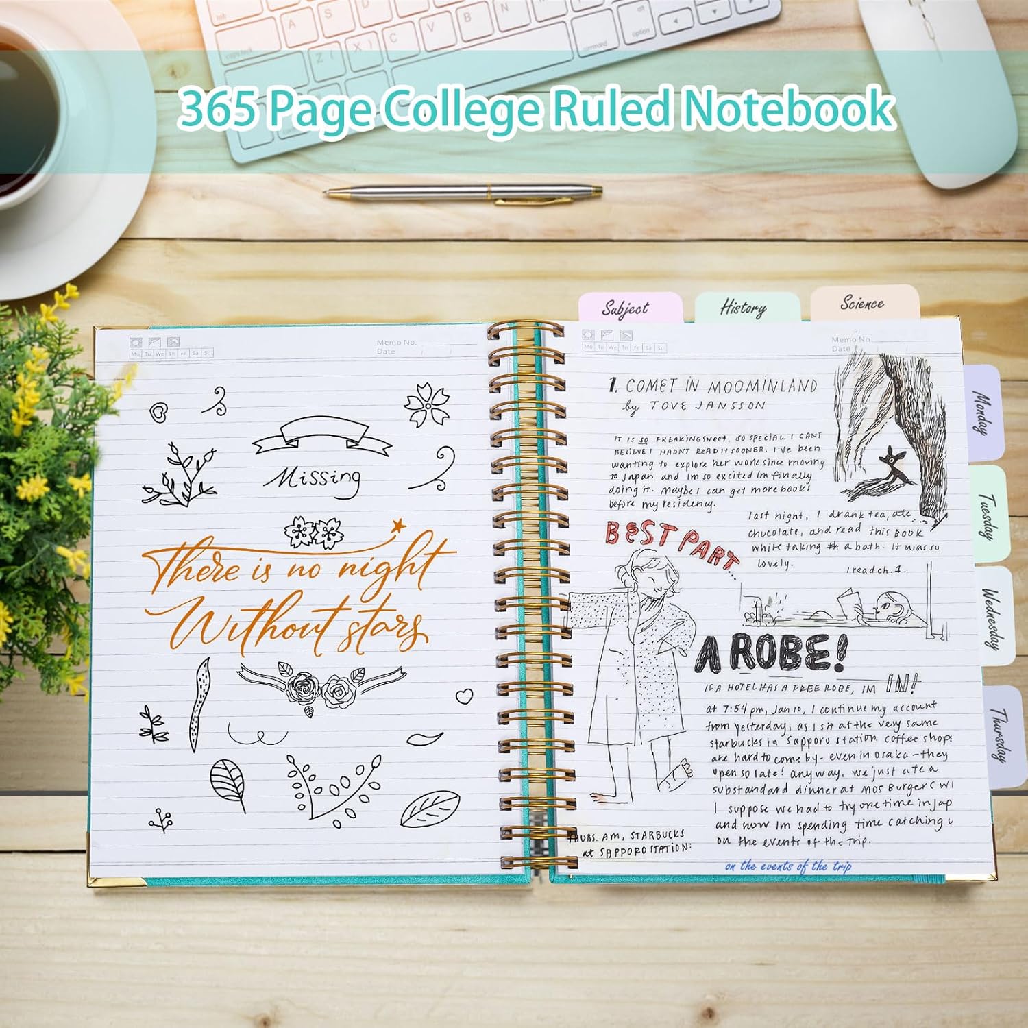 Cuaderno de espiral, cuaderno de cuero de tapa dura de 365 páginas, diario grande con rayas A5 para mujeres y hombres, cuadernos con rayas