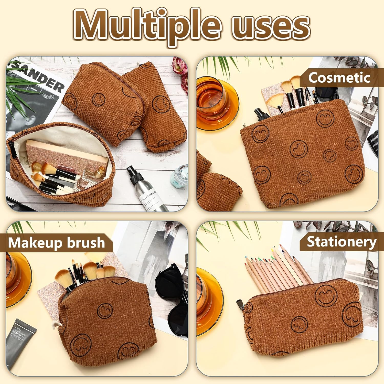 Oudain 3 bolsas de maquillaje de cara sonriente, bolsa de cosméticos de pana, 3 tamaños, bolsas de maquillaje estéticas para mujeres, adolescentes y