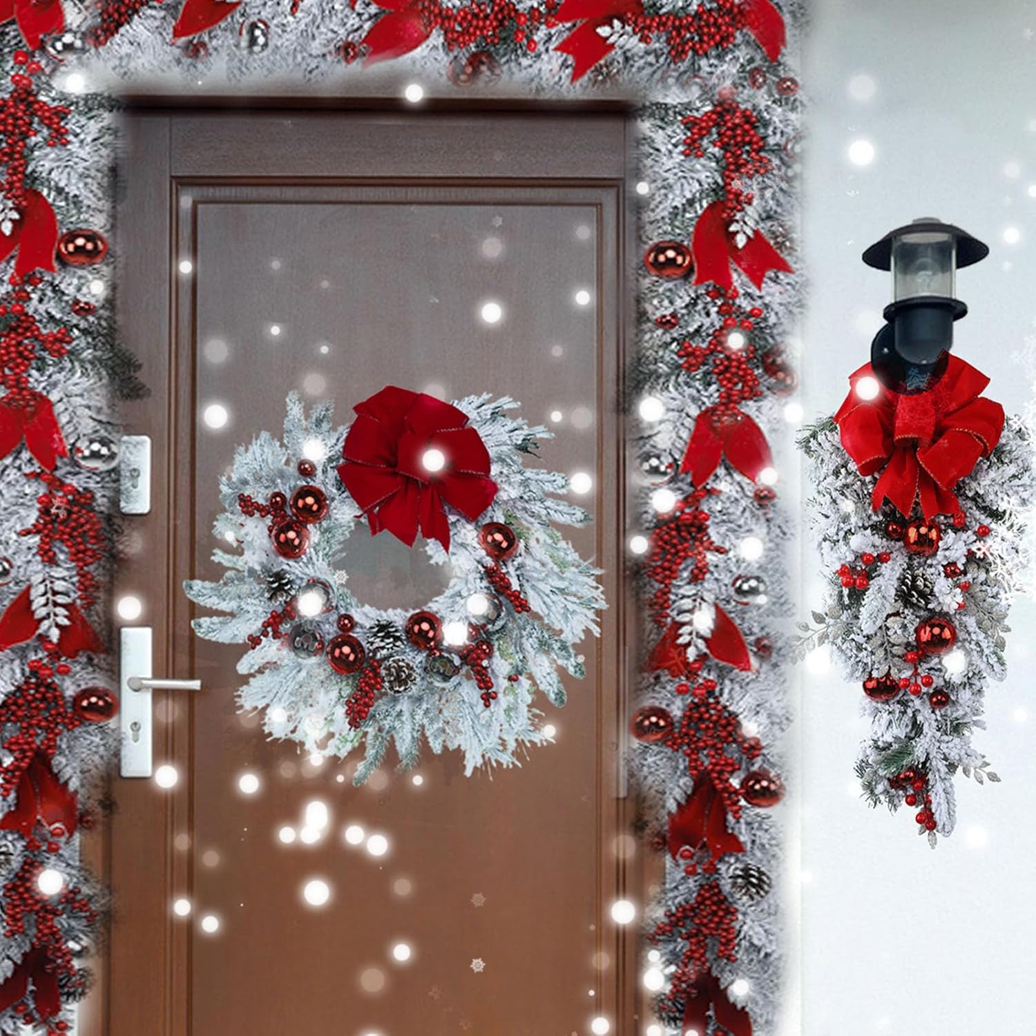 Guirnalda de Navidad artificial de 3.93 pies, corona de Navidad con cinta roja, ramo de bayas, bolas de Navidad y piñas, guirnalda de Navidad,