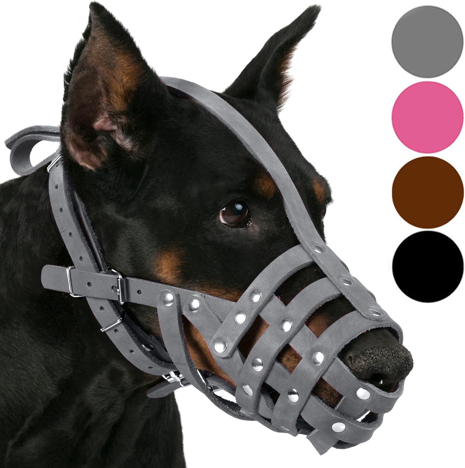 CollarDirect Bozal de cuero para perro Doberman, pastor alemán, dálmata, razas medianas y grandes, color rosa y gris (L, gris)