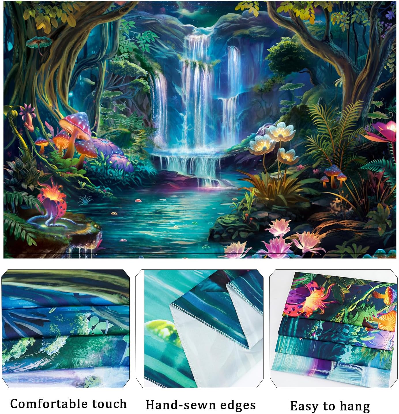 Generleo Tapiz de bosque con diseño de hongos, flores, galaxia, cascada, colorido, floral, plantas, tapiz de pared, tapiz estético de fantasía,