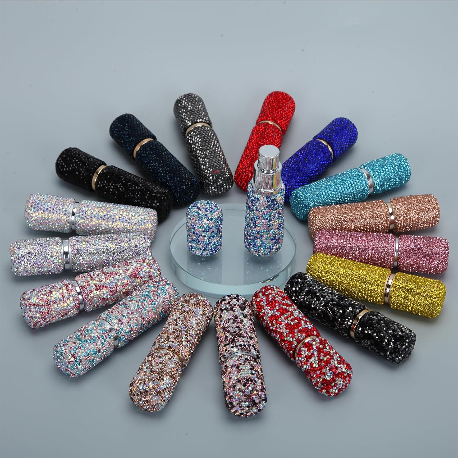 Fawziya Botellas de spray cosméticas recargables Bling Rhinestone 0,4 oz botella de perfume de vidrio mediana -AB Black