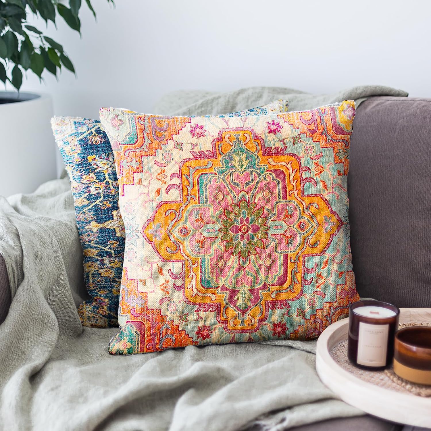 Knagsfa Juego de 2 fundas de almohada de 16 x 16 pulgadas, fundas de almohada decorativas estilo bohemio vintage turcas para decoración del hogar,